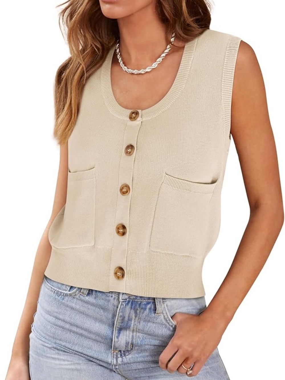 Sleeveless Button-Front Knit Vest in Beige